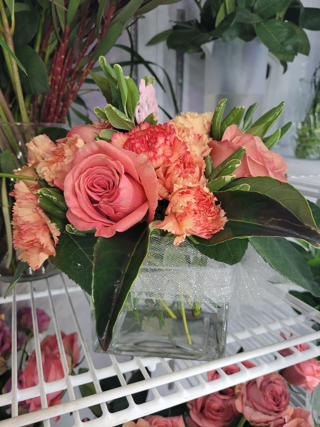 Sugar & Spice -Short Square Vase W Roses & Carnations