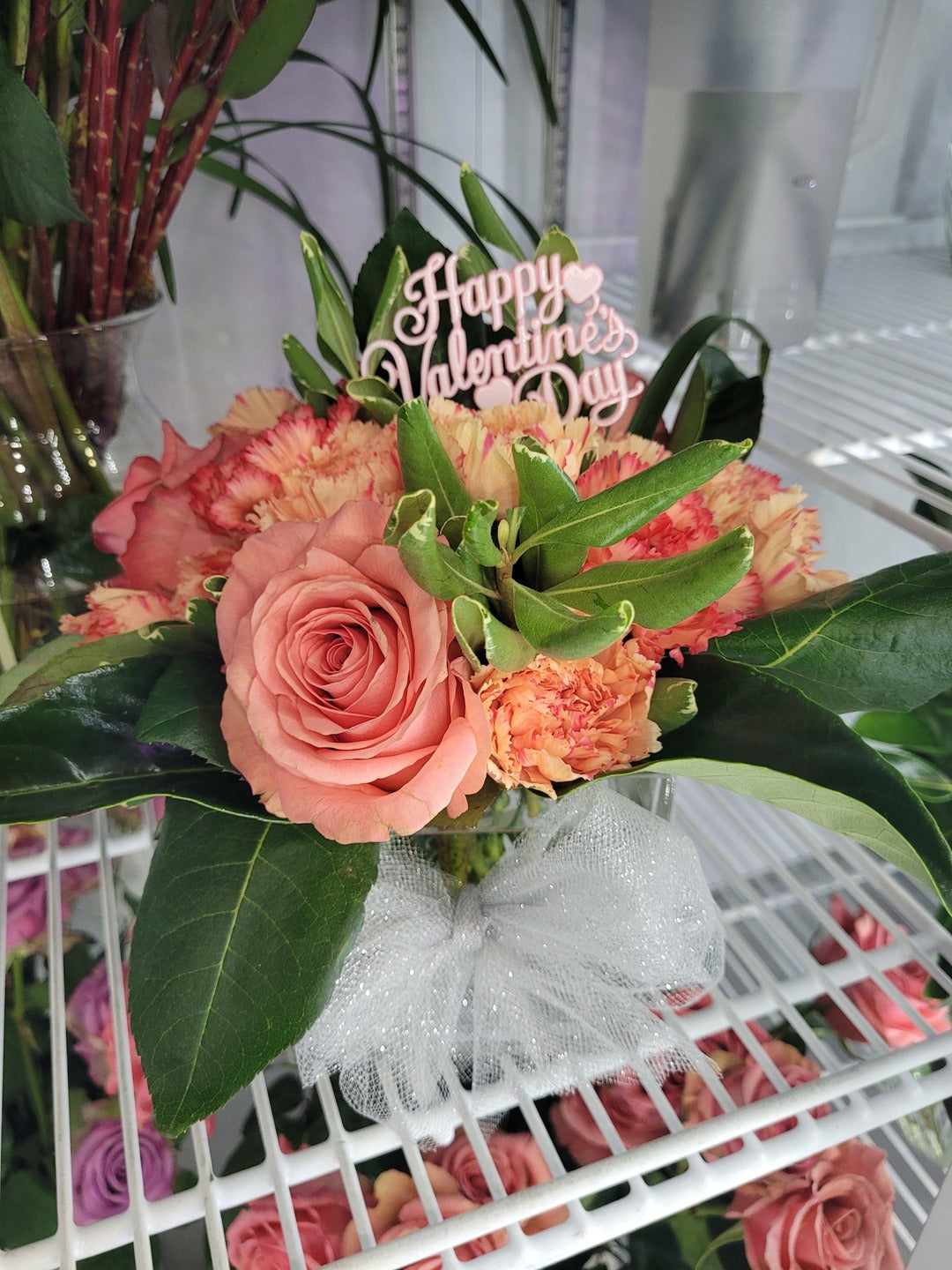 Sugar & Spice -Short Square Vase W Roses & Carnations