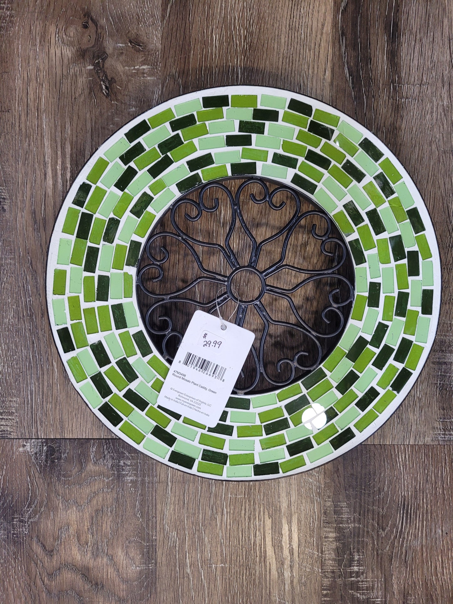 Round Mosiac Plant Caddy Green